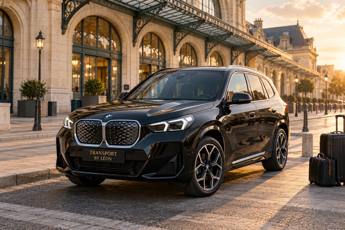 BMW iX1 noire devant une gare, scène illustrative