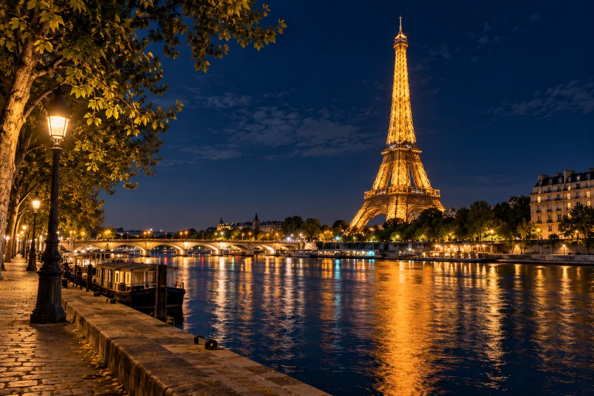 La tour Eiffel et la Seine de nuit, illustration