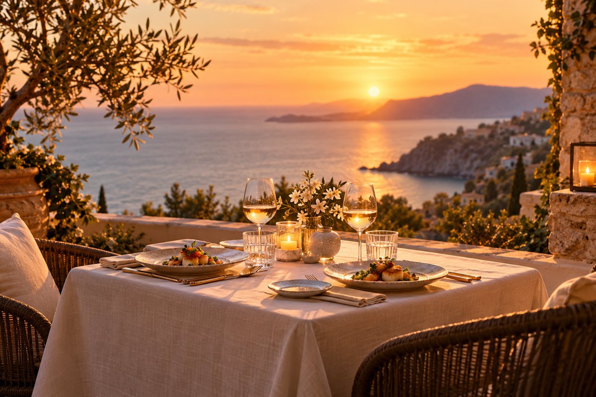 Belle table dressée sur une terrasse méditerranéenne, illustration