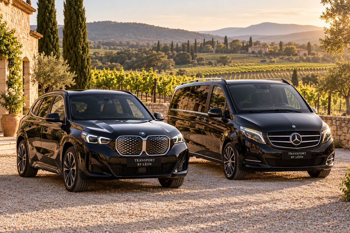 BMW iX1 et van Classe V dans un vignoble, illustration